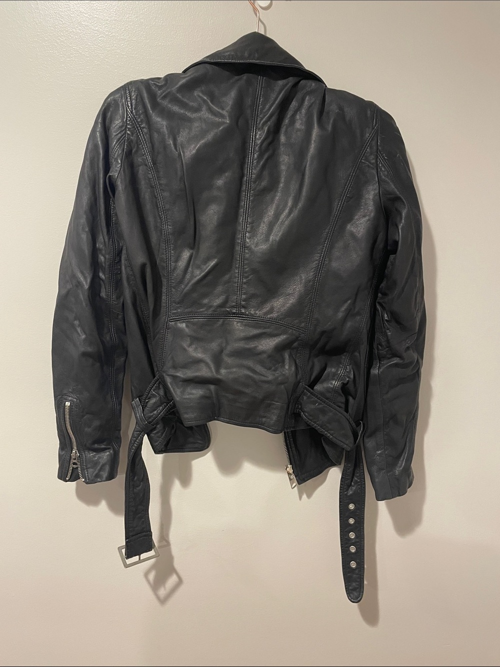 Ralph Lauren Black Leather Moto Jacket with Belted Hem - Picture 3 of 3